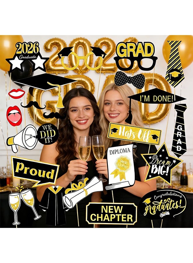 Happy D 25 Graduation Photo Booth Props for Class of 2026, Black and Gold Graduation Decorations for Graduation Party Supplies - Image 2
